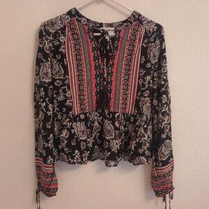 LOST + WANDER WOMEN'S TOP BLUE RED PAISLEY LONG TIE SLEEVES PEPLUM HEM SIZE MED